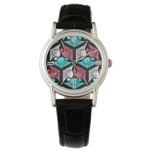 Montre Grues japonaises, corail, turquoise et noir