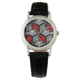Montre Grues japonaises, rouge, gris / gris / noir