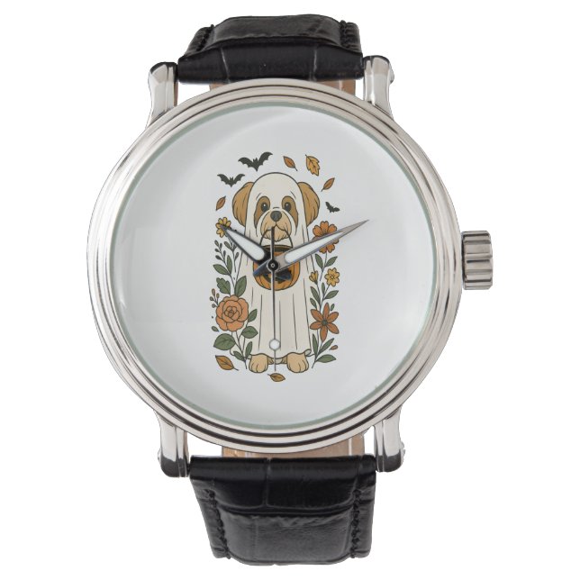 Montre Halloween Shih Tzu avec des fleurs d'automne (devant)