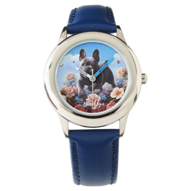 Montre Happy Blue French Bulldog & Flowers (devant)