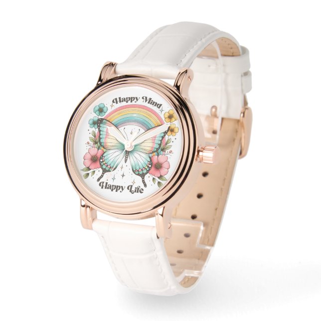 Montre "Happy Mind Happy Life" Pastel Butterfly & Rainbow (Angle)