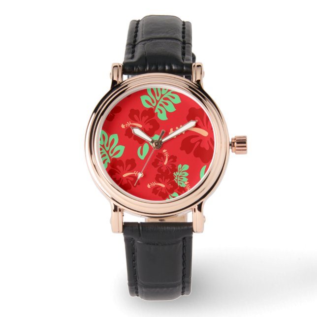 Montre Hibicus Fleurs Motif rouge Tropical (Recto)