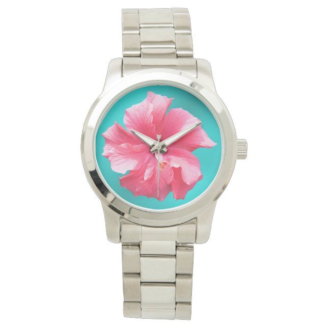 Montre Hibiscus rose tropical bleu turquoise (devant)