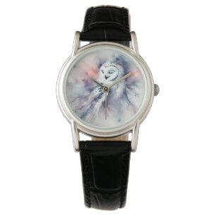 Montre Hibou blanc enchanté à l'aquarelle