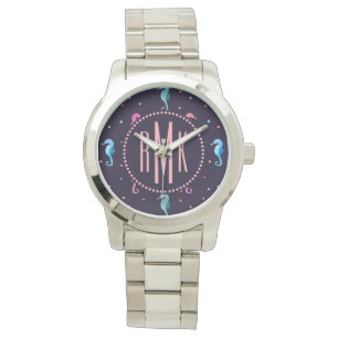 Montre Hippocampes d'aquarelle sur le motif de bleu