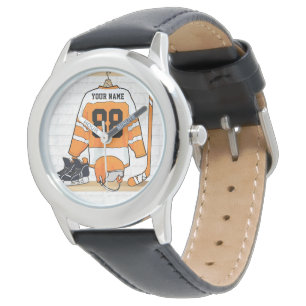 Montre Hockey sur glace orange et blanc personnalisé