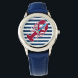 Montre Homard rouge nautique Monogramme Bleu Bleu Blancs<br><div class="desc">Un homard rouge avec votre monogramme ou texte fixé sur un arrière - plan rayé bleu marine et blanc. Un design parfait pour une plage ou une maison d'été au bord de l'océan, de la cuisson à la langouste sur le rivage, des réunions ou simplement la vie quotidienne. Cliquez sur...</div>