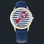 Montre Homard rouge nautique Monogramme Bleu Bleu Blancs<br><div class="desc">Un homard rouge avec votre monogramme ou texte fixé sur un arrière - plan rayé bleu marine et blanc. Un design parfait pour une plage ou une maison d'été au bord de l'océan, de la cuisson à la langouste sur le rivage, des réunions ou simplement la vie quotidienne. Cliquez sur...</div>