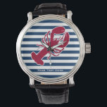 Montre Homard rouge nautique Monogramme Bleu Bleu Blancs<br><div class="desc">Un homard rouge avec votre monogramme ou texte fixé sur un arrière - plan rayé bleu marine et blanc. Un design parfait pour une plage ou une maison d'été au bord de l'océan, de la cuisson à la langouste sur le rivage, des réunions ou simplement la vie quotidienne. Cliquez sur...</div>