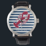Montre Homard rouge nautique Monogramme Bleu Bleu Blancs<br><div class="desc">Un homard rouge avec votre monogramme ou texte fixé sur un arrière - plan rayé bleu marine et blanc. Un design parfait pour une plage ou une maison d'été au bord de l'océan, de la cuisson à la langouste sur le rivage, des réunions ou simplement la vie quotidienne. Cliquez sur...</div>