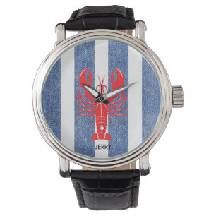Montre Homard rouge sur les bandes de Denim Bleu et Blanc