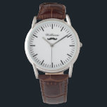 Montre homme personnalisée avec brun brun brun<br><div class="desc">Montre homme personnalisée avec bande de cuir marron. Idée cadeau classique pour papa,  mari,  frère,  ami,  collègue,  employé,  barbier,  etc. Cadran chic avec nom personnalisé et logo dapper moustache. Une idée cadeau masculin cool pour lui. Idéal pour Anniversaire,  retraite,  Noël et plus.</div>