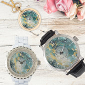 Montre homme sarcelle or effet marbré – Cuir noir