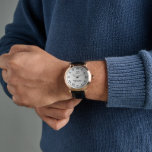 Montre homme sophistiquée avec monogramme personna<br><div class="desc">Montre homme sophistiquée avec monogramme personnalisé et bande de cuir fantaisie. Personnalisez avec du texte personnalisé. Elégante montre numérique romaine avec bande en cuir marron ou noir. Créez votre propre montre de fantaisie unique pour lui. Pièce d'époque classique avec chiffres romains, nom, date et couleur arrière - plan personnalisée. Belle...</div>