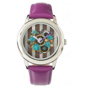 Montre Horloge à vapeur et Roses turquoise sur le sol
