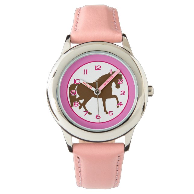 Montre Horse Thème Wristwatch avec détails rose (devant)
