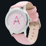 Montre Hot rose moderne Script Girls Monogramme Nom<br><div class="desc">Voici un accessoire intemporel conçu pour ceux qui ont un goût éclairé pour l'élégance. Cette montre monogramme personnalisée, avec le "A" initial rose chaud dans un script moderne, combine sans effort le raffinement avec une pop de couleur ludique. Le bracelet en cuir moelleux offre confort et luxe, tandis que la...</div>