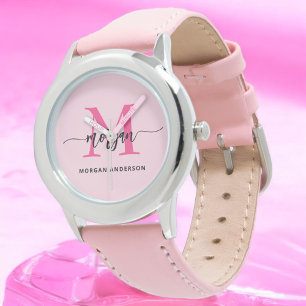 Montre Hot rose moderne Script Girls Monogramme Nom