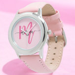 Montre Hot rose moderne Script Girls Monogramme Nom<br><div class="desc">Accessoire avec élégance en utilisant notre Hot Pink Modern Script Girls Monogram Nom Monographie! Ce garde-temps élégant est doté d'un visage rose vif, personnalisé avec votre nom dans un script moderne chic pour un look unique et personnalisé. Parfait pour ajouter une pop de couleur à n'importe quelle tenue, il combine...</div>