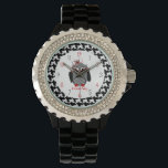Montre Houndstooth Owl Watch<br><div class="desc">Une montre illustrant une chouette avec le ventre en pied de roche sur un arrière - plan en pied de roche correspondant. Personnalisez avec votre nom.</div>