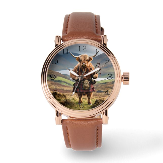 Montre Humour écossais : Highland Cow Bagpiper (Recto)
