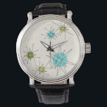 Montre Iconique Starbursts Regarder en cuir atomique<br><div class="desc">Ce motif de surveillance en cuir étoile atomique conique présente des étoiles atomiques emblématiques. C'est vrai ! L'ancienne école, arrière - plan crème avec des taches d'or est la toile de fond parfaite pour le céleri turquoise, apaisant, et les cercles kitsch vert poire. Les taches de couleur sont sporadiquement placées...</div>