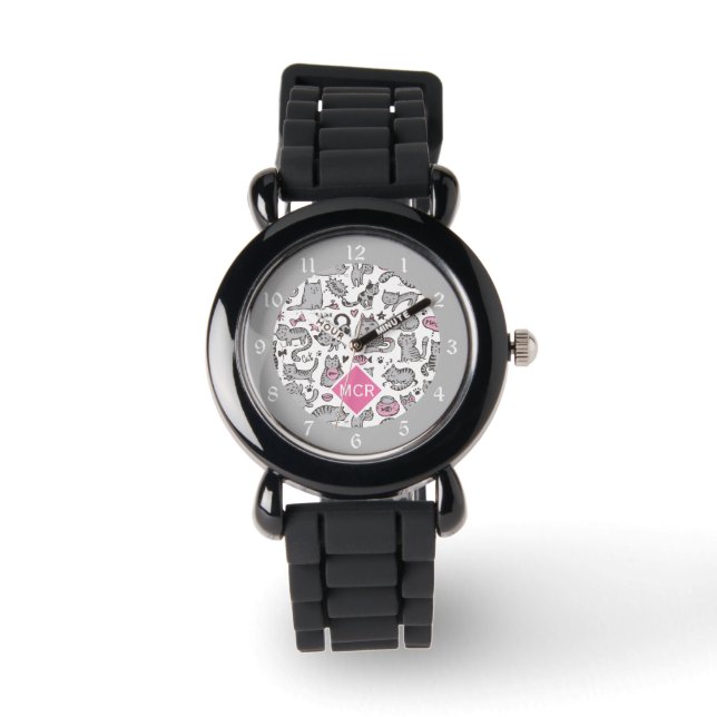 Montre Idées cadeaux de chat Whimiscal rose et gris (Recto)