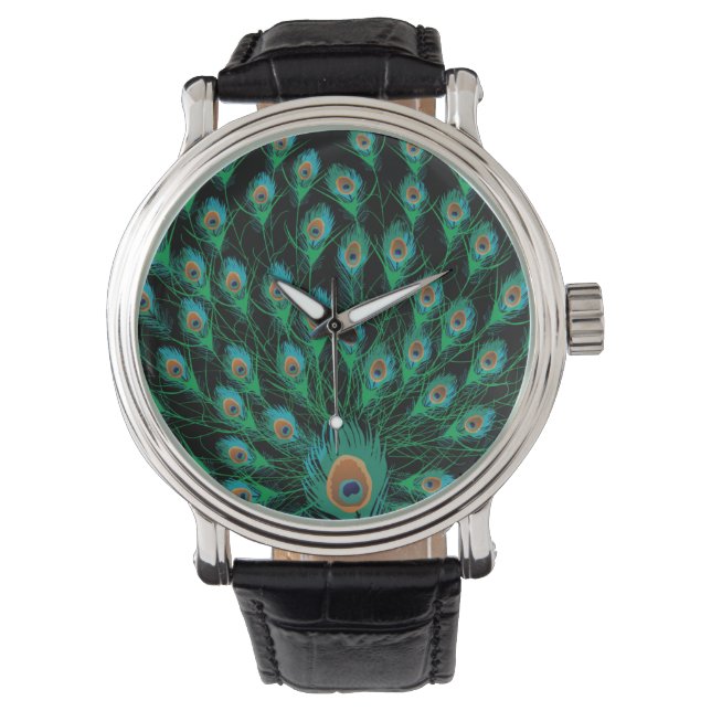 Montre Illustration avec plumes de paon sur noir (devant)