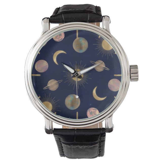 Montre Illustration Blue Gold Sun Moon Planètes Space (devant)