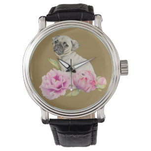 Montre Illustration d'aquarelle de carlin et de pivoines