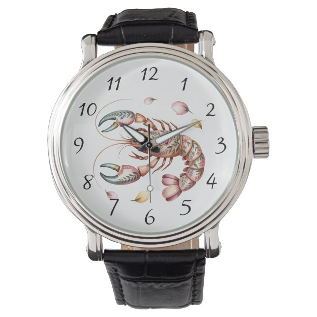 Montre Illustration du homard d'art populaire floral (devant)