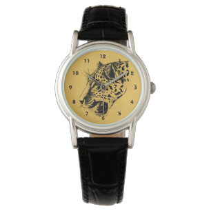 Montre Illustration d'un léopard tiré à la main noir et j