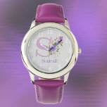 Montre Image florale avec chiffres, nom et enfant initial<br><div class="desc">Design floral avec chiffres autour de la circonférence. Nom et première initiale sur une montre d'enfant. Design avec Monogramme & Nom avec Fleurs dans un style pastel couleur eau. Par exemple,  le nom est Sarah. Changez le nom comme souhaité pour toute personne ayant un nom commençant par S.</div>