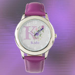 Montre Image florale avec chiffres, nom et enfant initial<br><div class="desc">Design floral avec chiffres autour de la circonférence. Nom et première initiale sur une montre d'enfant. Design avec Monogramme & Nom avec Fleurs dans un style pastel couleur eau. L'exemple de nom est Kate. Changez le nom comme souhaité pour toute personne ayant un nom commençant par K.</div>