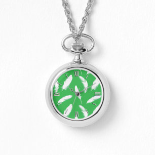 Montre Impression en plumes blanches sur vert jade