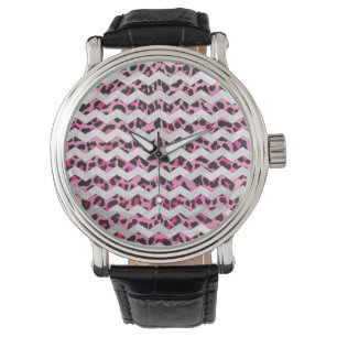 Montre Impression léopard noir et rose chaud