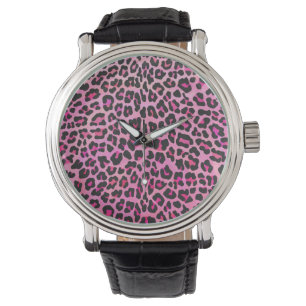 Montre Impression noir léopard et rose chaud