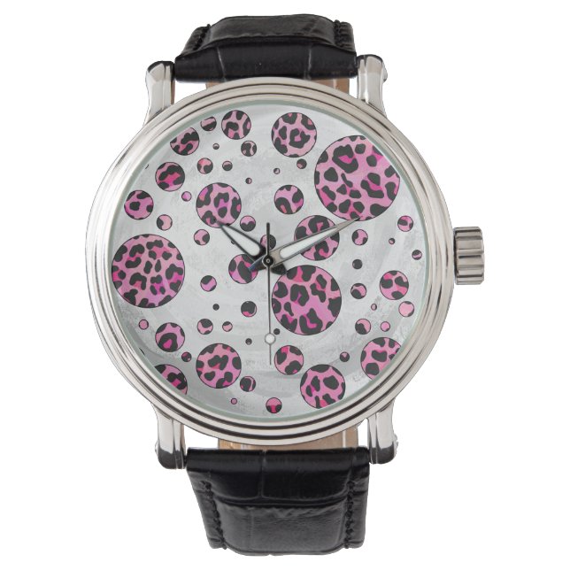 Montre Impression taches de léopard noir et rose vif (devant)