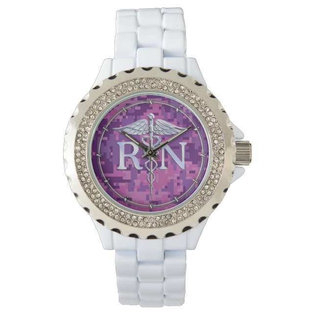 Montre Infirmière inscrite RN Silver Caduceus Fuchsia Cam (devant)