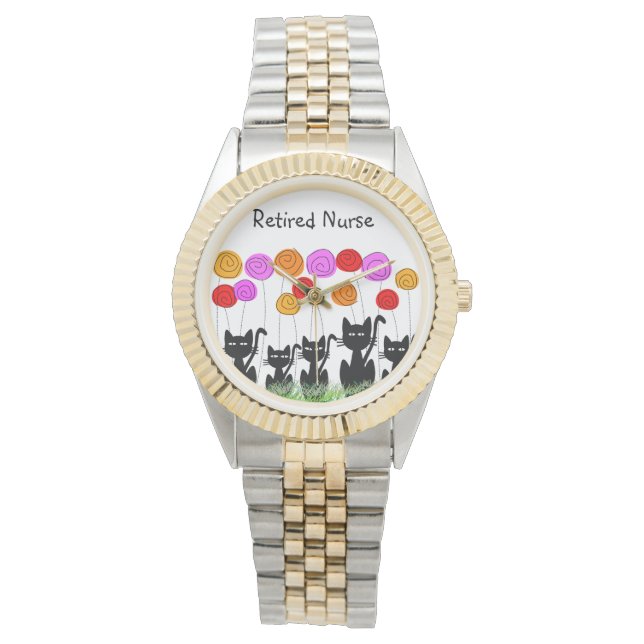 Montre Infirmière retraitée Chats et Fleurs Whimsical (devant)