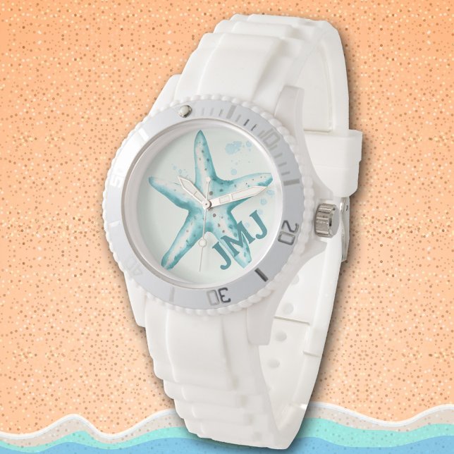 Montre Initiales de plage de Starfish Aqua Aquarelle d'ét (Beachy watercolor starfish)