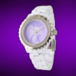 Montre Initiales Monogramme avec Parties scintillant viol<br><div class="desc">Adorez votre poignet avec une élégance intemporelle en utilisant cette montre en émail blanc en strass féminin. Doté d'un monogramme initial personnalisé en violet avec une parties scintillant violette éblouissante, cette montre ajoute une touche éclatante et sophistiquée à votre style quotidien. Idéal pour ceux qui apprécient un mélange de fonctionnalité...</div>
