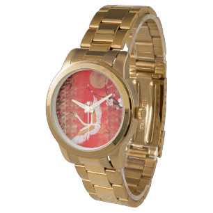Montre Japonaise grue soleil Japon sakura rouge peinture