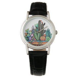 Montre Jardin mignon de cactus d'aquarelle dans le pot