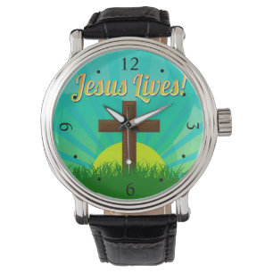 Montre Jésus vit en bleu/Brown Croix de Pâques chrétienne