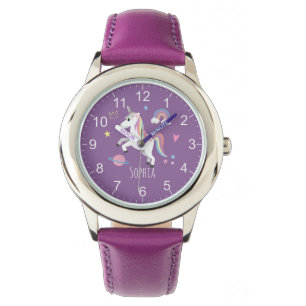 Montre Jeunes filles mauves Unicorn Arc en ciel et nom Ki