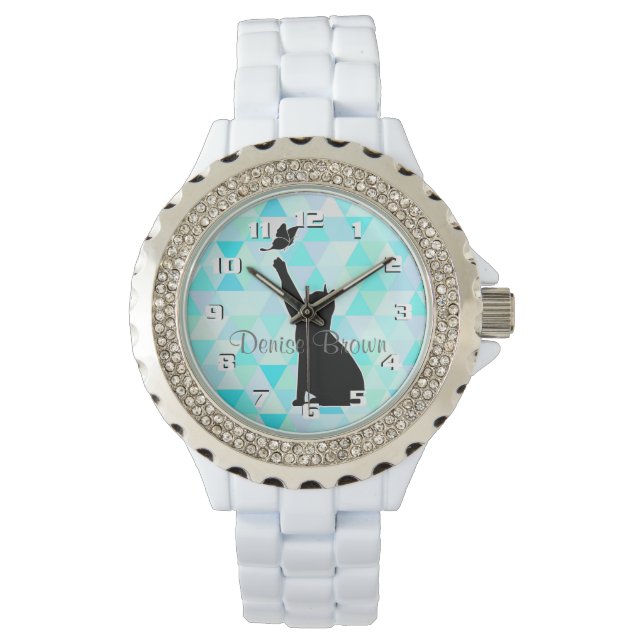 Montre Joli chat poursuivant un papillon Monogramme (devant)