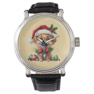 Montre Joli chiot de Noël avec le chapeau de Père Noël et
