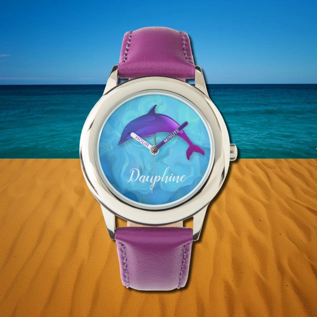 Montre Joli dauphin violet dans l'eau - ajouter le nom (Créateur téléchargé)