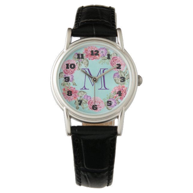 Montre Joli Fleurs d'aquarelle de couronne fleurie Monogr (devant)
